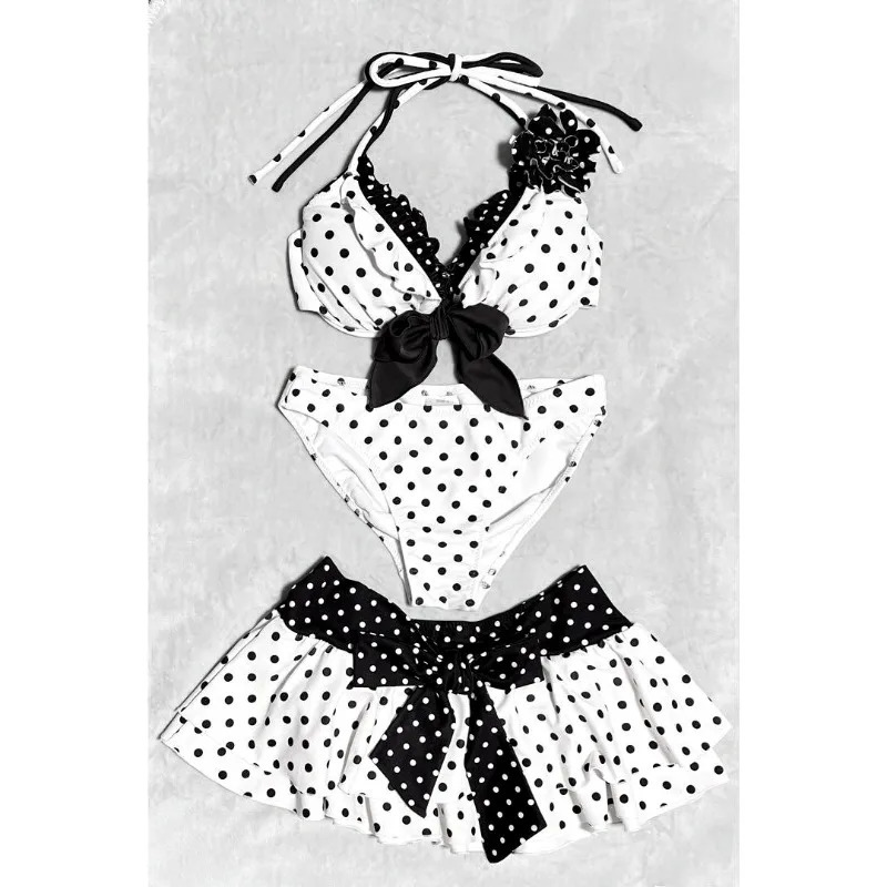 Harajuku Style Polka Dot Bowknot 3 Piece Swimsuit Womens Bikini Set Summer Casual Y2K Fashion Sexy Bathing Suit Skirt Cover Up 260612
