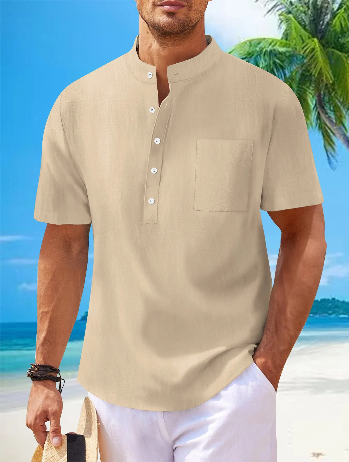 autumn cross-border mens cotton and linen stand collar short sleeved shirt loose casual Henley shirt for men 260612
