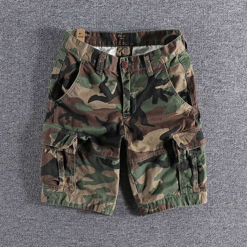 2025 Summer New American Retro Woven Camouflage Cargo Shorts Men's 100% Cotton Washed Multi-Pocket Casual Straight 5-point Pants 26Y0613