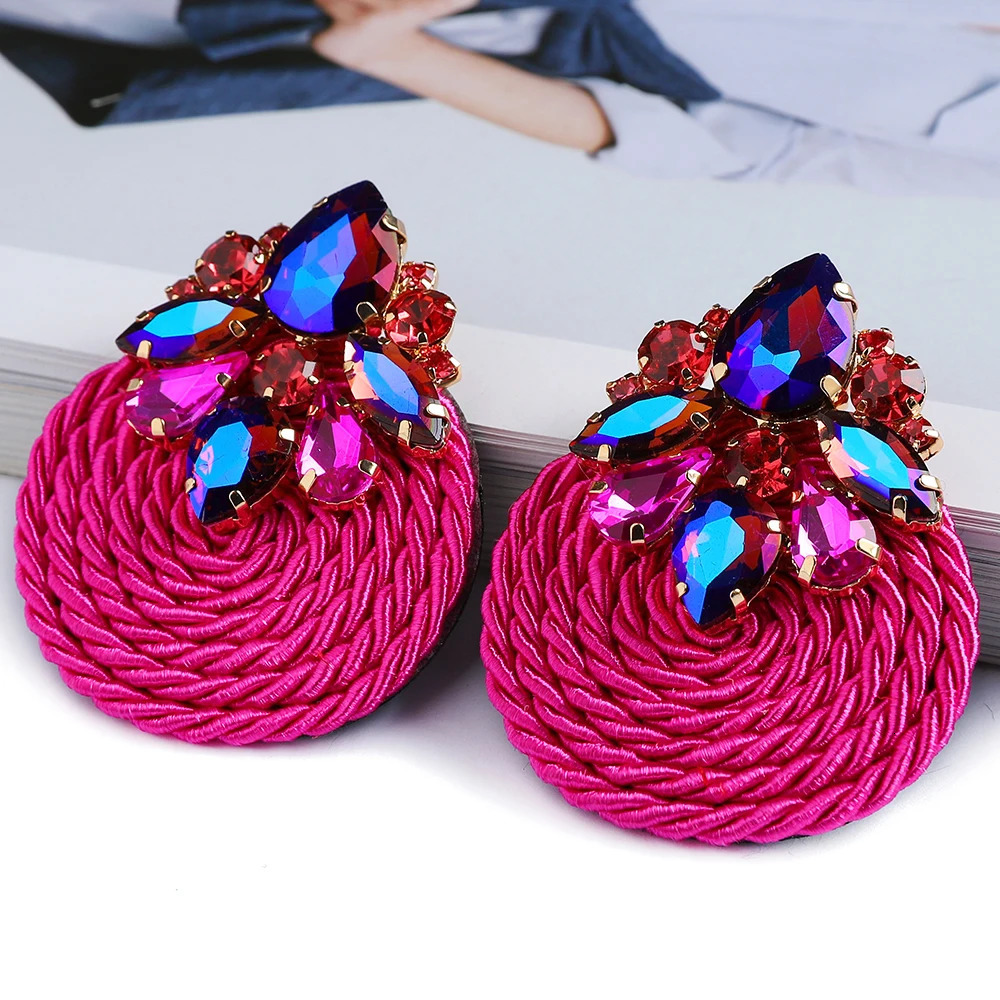 Fashion Cotton Rope Weave Round Big Stud Earrings Trend Geometric Crystal Vintage Ear Accessories Cottagecore Jewelry 260612