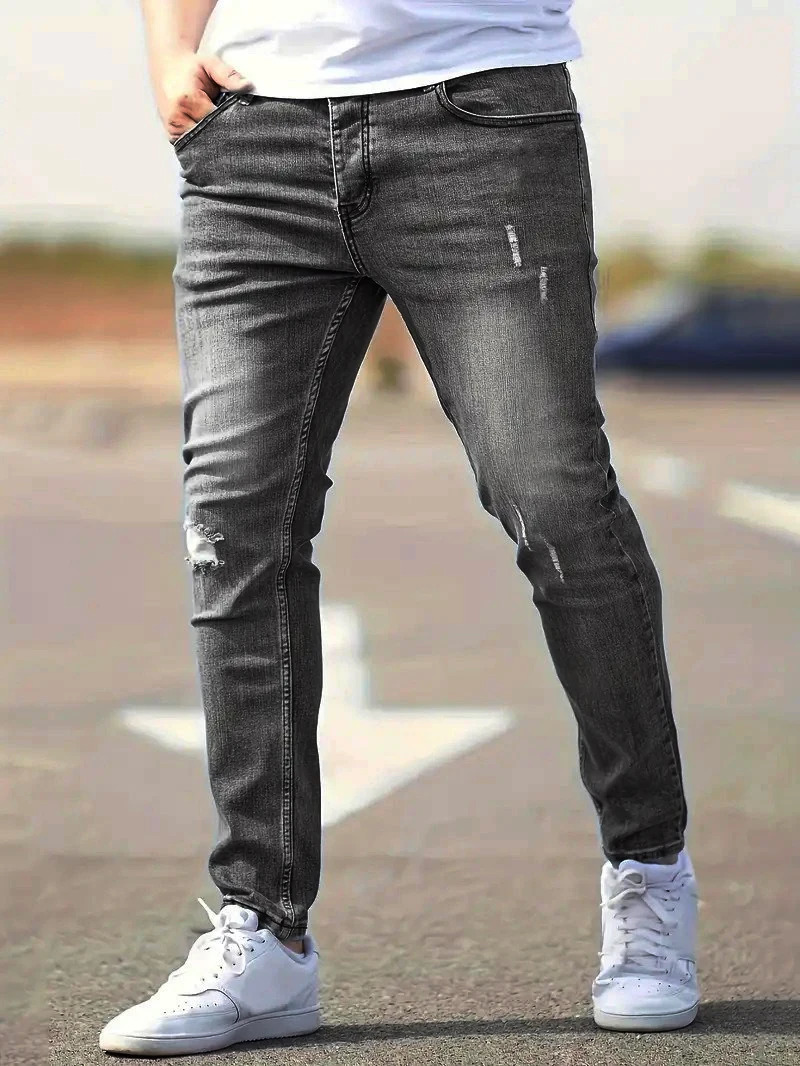 2026 Spring Mens Distressed Skinny Jeans Vintage Wash Elastic Biker Holes Casual Slim Fit Streetwear Denim Pencil Pants Joggers 260612BANJIA
