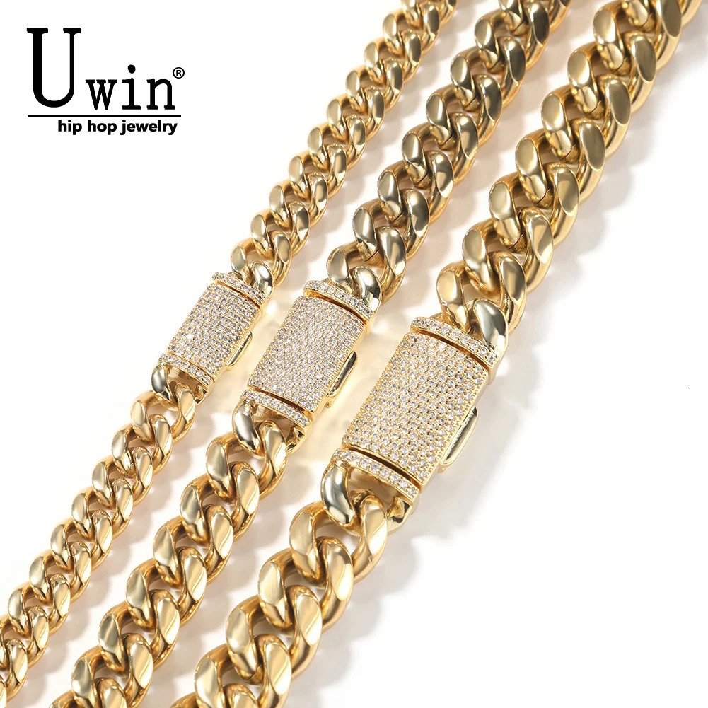 Uwin 8mm/10mm/12mm Stainless Steel Miami Cuban Link Chain Iced Out CZ Box Clasp Bracelet Necklace Fashion Hiphop Men Jewelry 260612