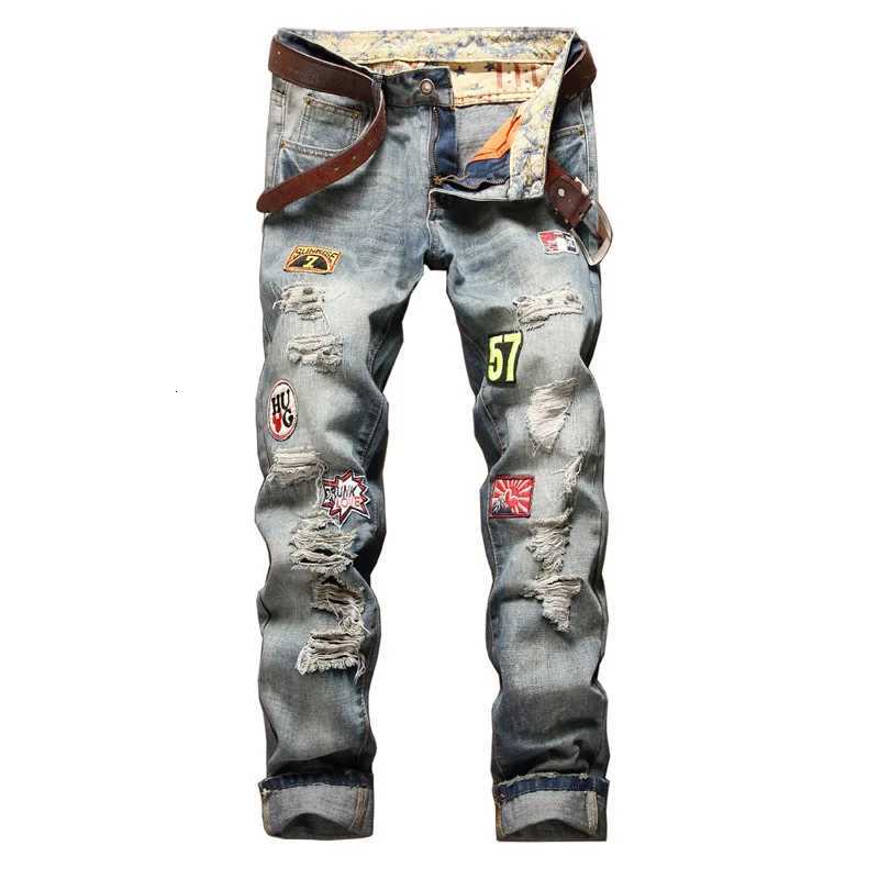 Nuovi jeans da moto da uomo Hip Hop High Street Distintivo Pantaloni in denim strappato effetto consumato Jeans slim fit dritti non elasticizzati da
