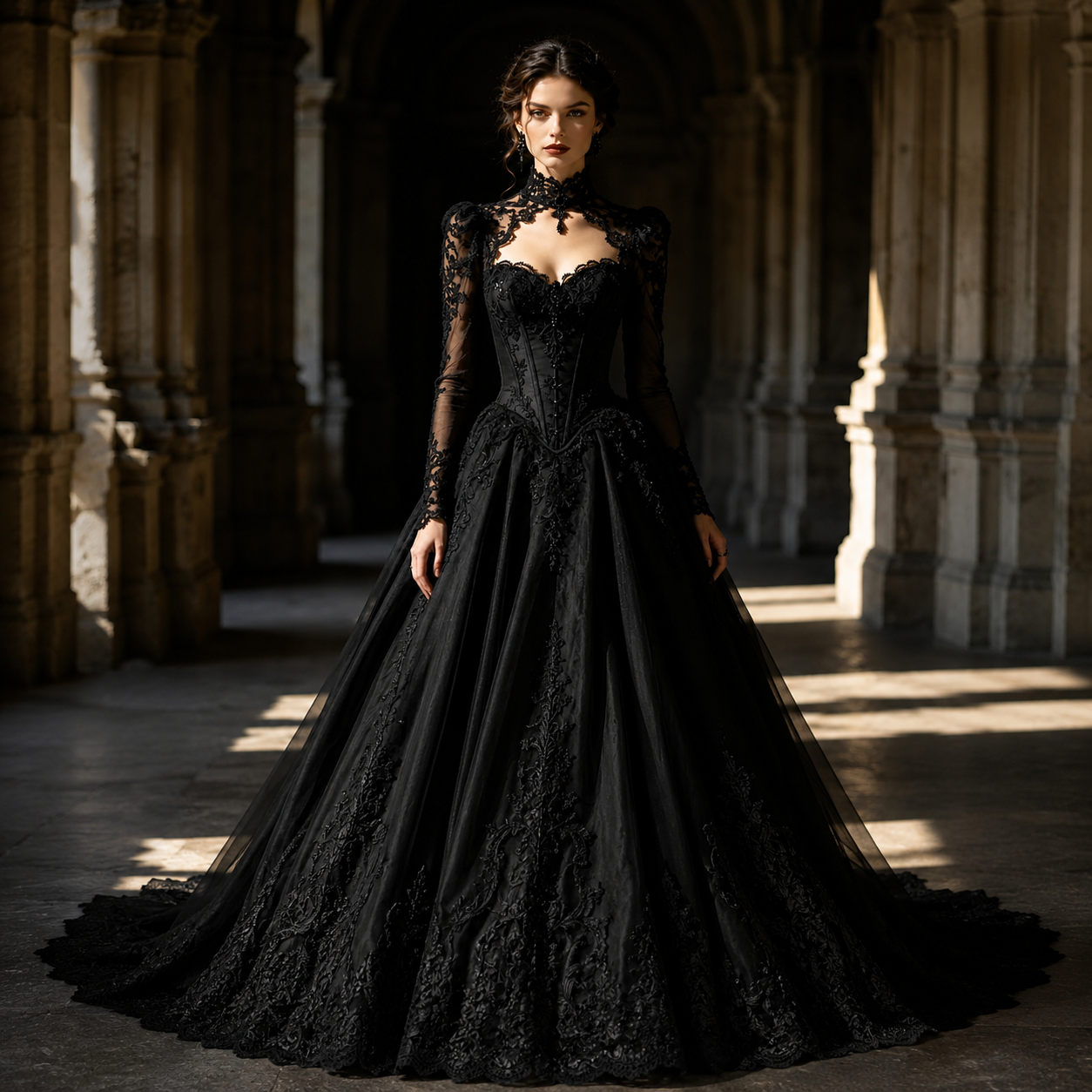 Black Gothic Wedding Dresses High Neck Illusion Long Sleeve Lace Boned Corset Tulle Ball Gown Long Train Vintage Dark Bride Formal Dress