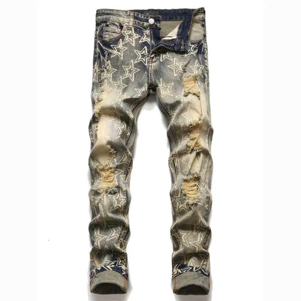 Retro Star Print Mens Skinny Jeans Y2k Casual Destroyed Denim Pants High street trendy distressed jeans T260410