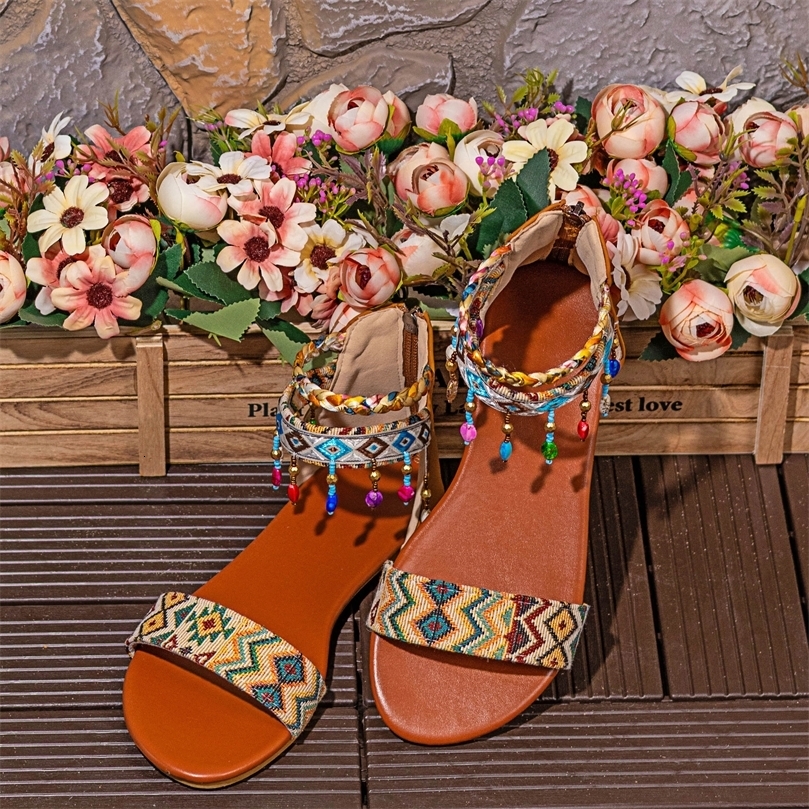 Ethnic Style Roman Sandals Handmade Beaded Back Zipper Bohemian Flat Shoes 260611