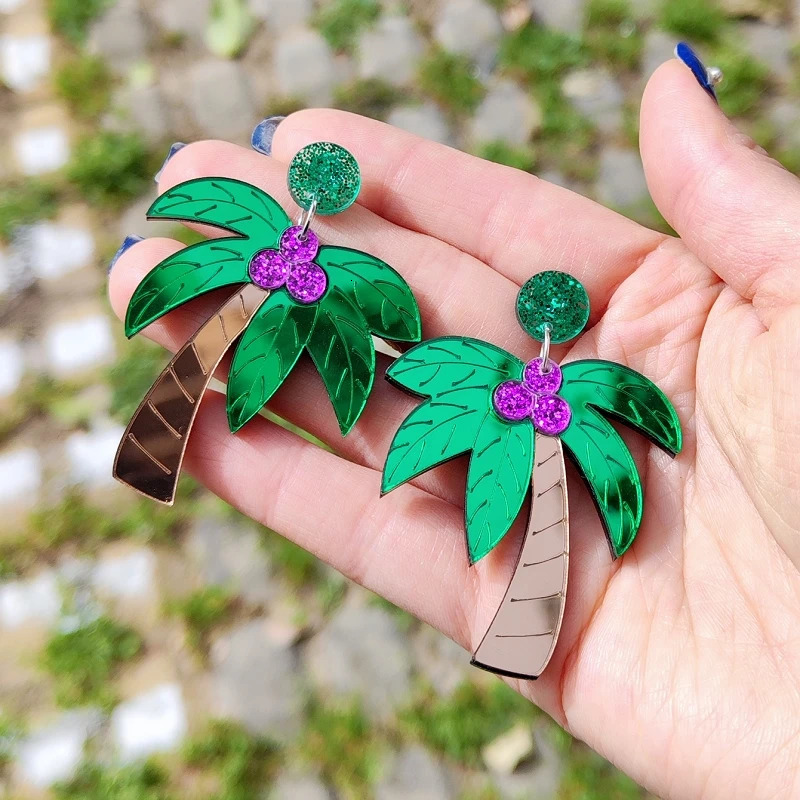 KUGUYS Tropical Acrylic Coconut Earrings Mirror Palm Tree Drops Summer Beach Jewelry Boho Womens Fashion Accessorie 260612