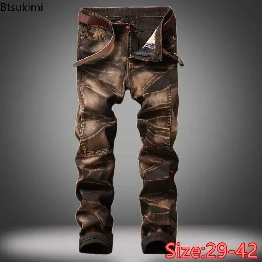 2026 Mens Fashion Vintage Jeans Slim Straight Leg Tie Dye Pleated Biker Denim Pants Male Casual Pants Oversized 42 High Quality T260410