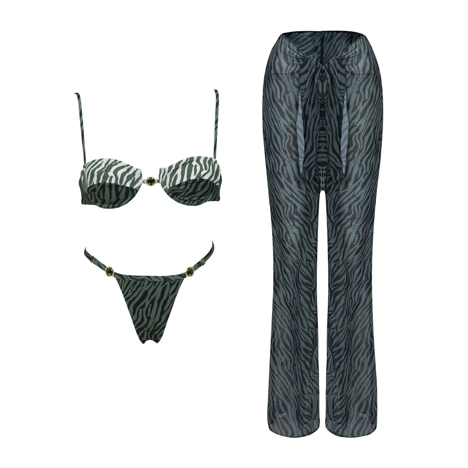 Push Up 2026 Retro Prints 3 Pieces Bikinis Sets With Mesh Pants Beachwear Sexy Womens Swimsuit Cover-ups Strappy Beach Wear 260612