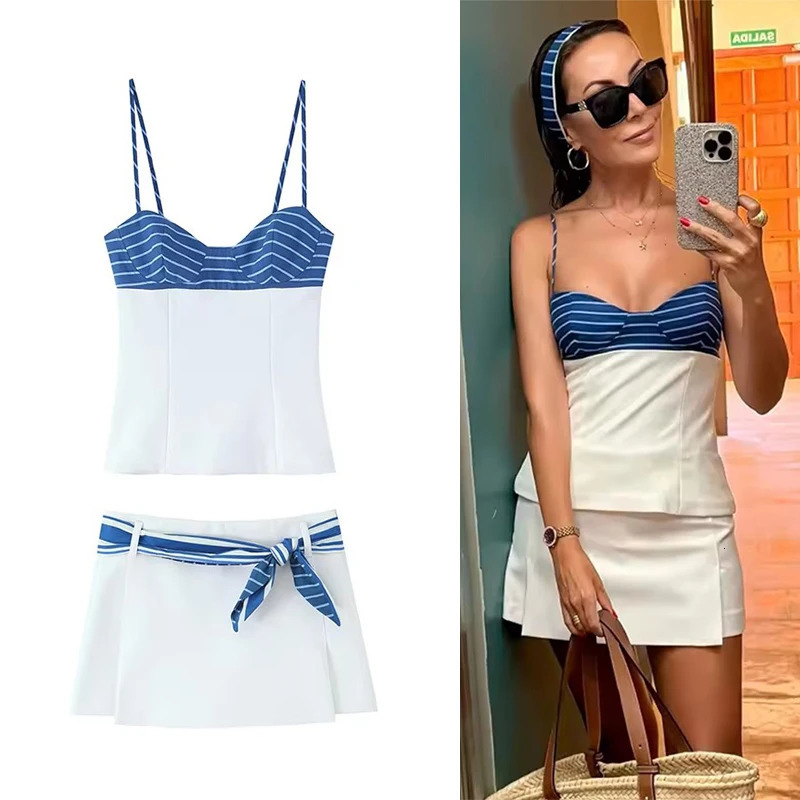2026 Woman Outfit Stripe Scarf Skirts Shorts Sets For Women 2 Piece Summer Short Sling Tops Two Set Womens Suits 260613