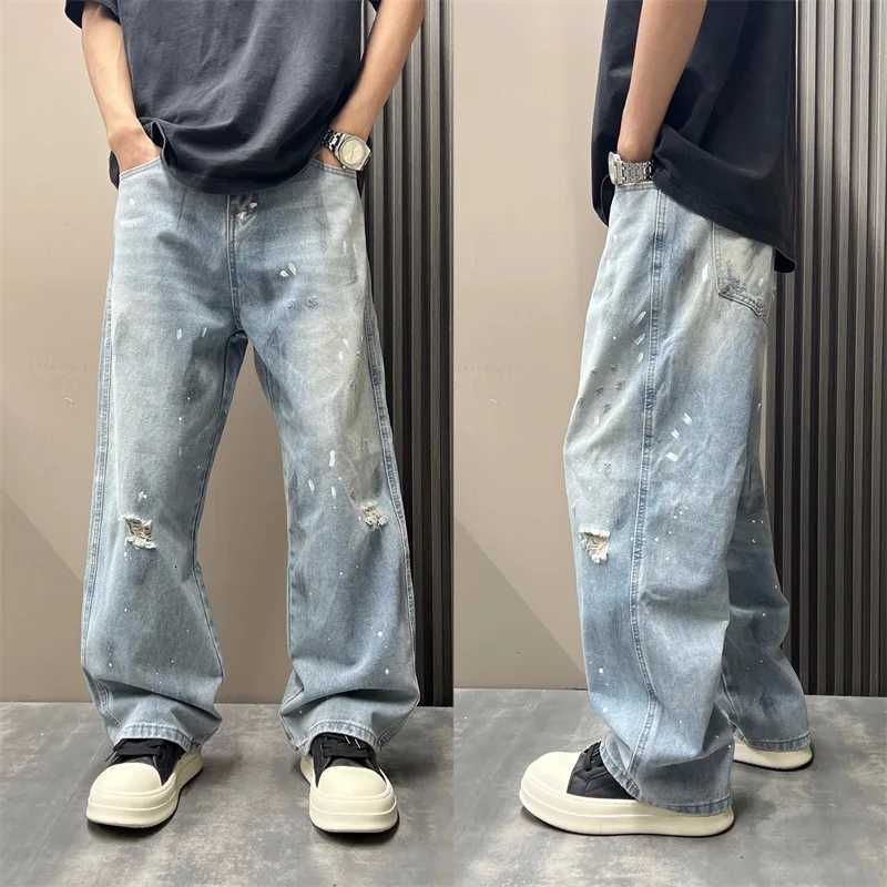 Korean MenS Splashed Ink Jeans Casual Loose High Street Summer Ripped Denim Pants Retro Graffiti Straight Leg Pants T260410