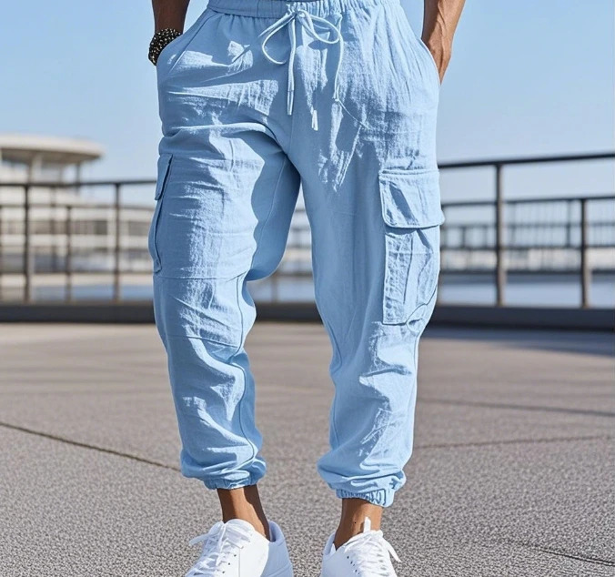Summer Mens Workwear Oversized Loose Drawstring Multi Pocket and Linen Casual Pants Breathable Outdoor Sports Pants 260612