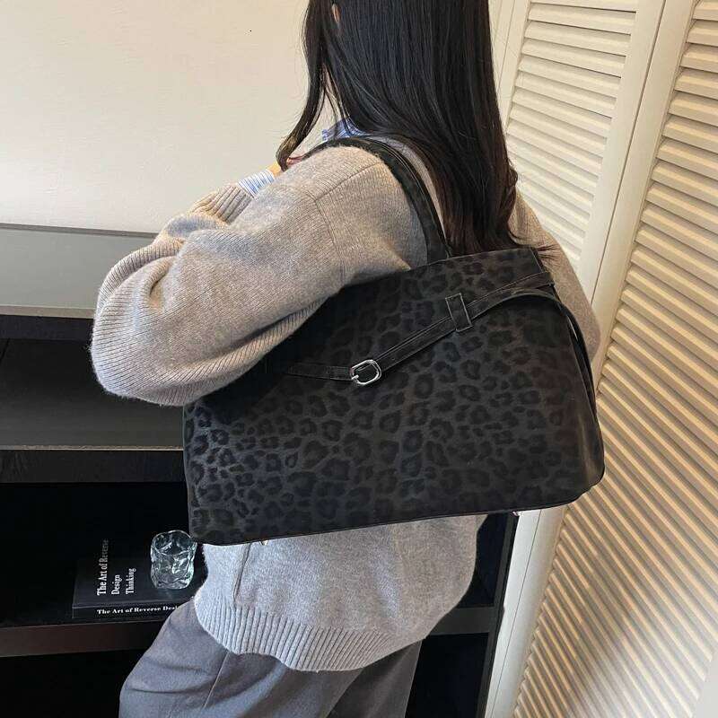 Chic Leopard Print Handbag Women, Large Capacity Faux Suede Purse with Buckle Accent, A Statement Bag for Travel