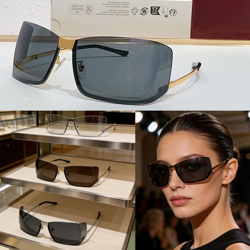 Womens new oversized rectangular sunglasses minimalist black gold half frame glasses 1713S metal eyelets fashionable classic personalized driving go