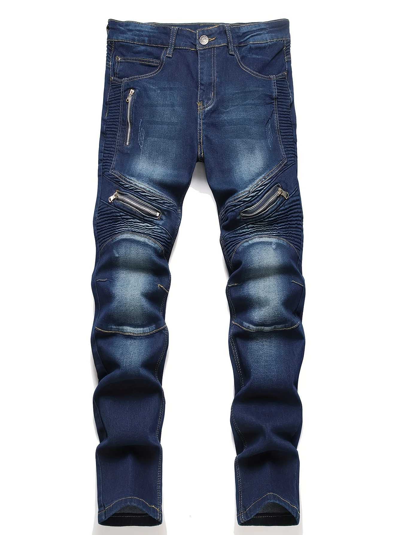 Mens ribbed jeans elastic straight leg denim pants washed bicycle distressed jeans T260410