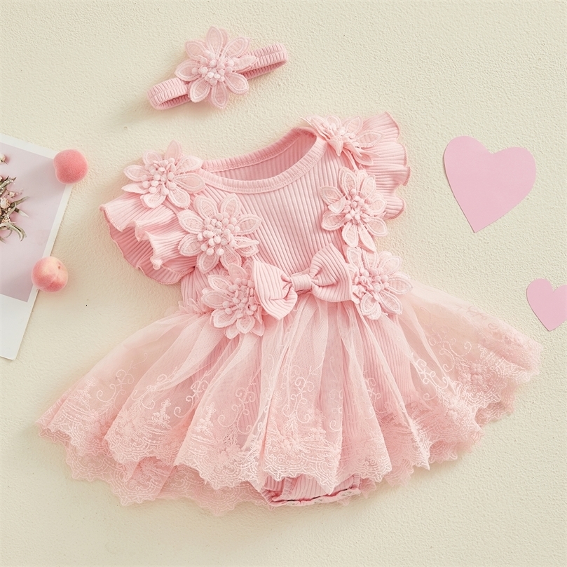 3D Flower Summer Baby Girls Romper Princess Mesh born Clothes Lace Patchwork Ruffle Bodysuit Dress Headband Kids Clothing 260612