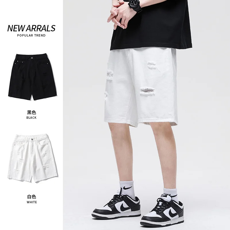 Summer White Casual Mens Denim Shorts Ripped Fashion Loose Straight Street Bermuda Jeans Male Hole Short Pants 260609BANJIA