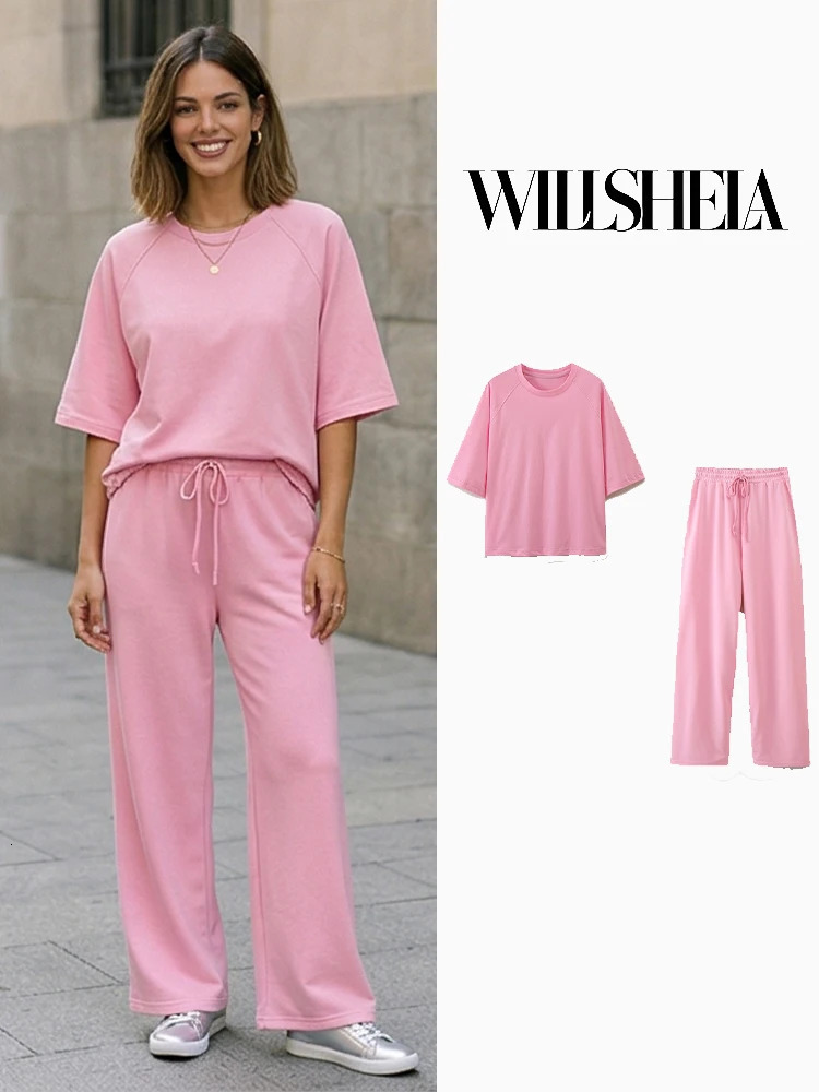 Willshela Women Fashion 2 Piece Set Solid TShirts Vintage High Elastic Waist Trousers Feamle Chic Lady Pants Sets 260609