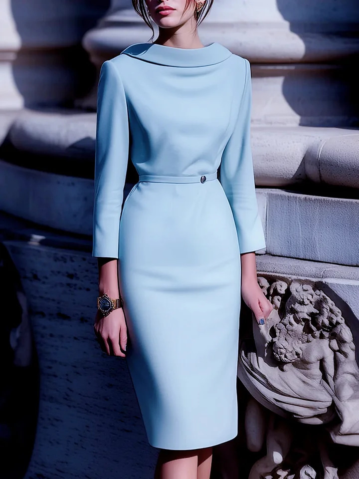 Elegant Solid Color Commute Party Turndown Collar Boat Neck Back Vneck Belted MidSleeve Gown Dress 260613