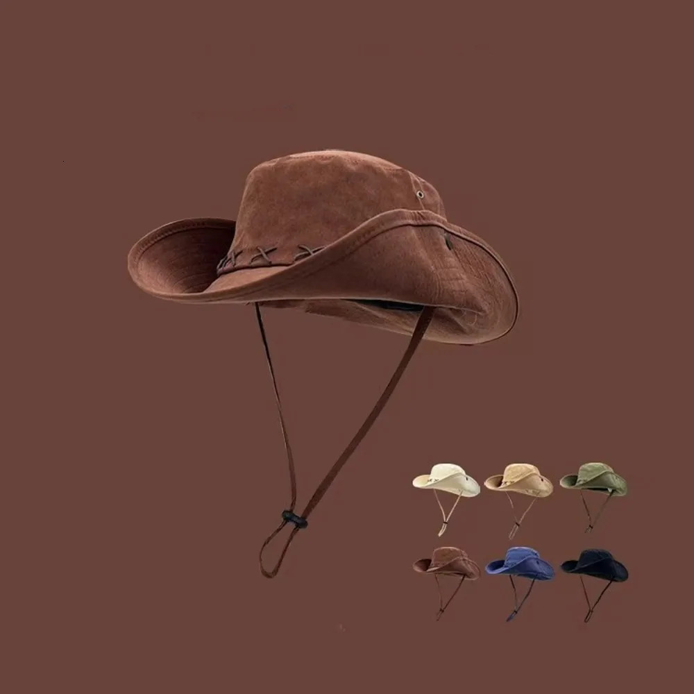 Breathable Western Cowboy Hat Solid Color Adjustable Wide Brim Sun Hat Outdoor Mountaineering Fisherman Sunshade Cap Travel260610