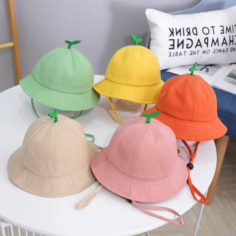 Baby Bucket Hat With Cute Sprout Spring Summer Children Drawstring Fisherman Hat Solid Color Boys Girls Beach Panama Sun Cap M260613