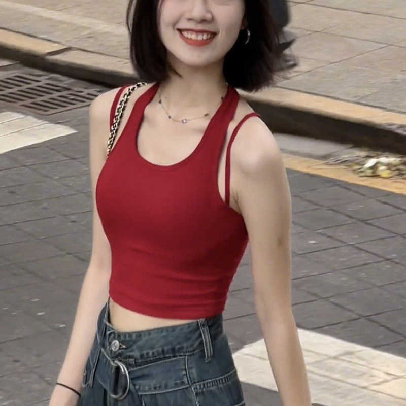 Thai-style niche red halter neck camisole for women suitable for outdoor wear sporty Y2K sweet and spicy girl lingerie stunning backless top L260612