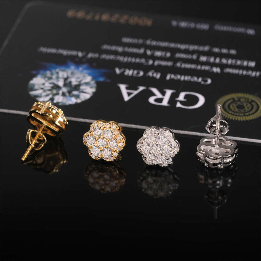 High quality Hot-Selling does not fade Hip-Hop Copper Moissanite/Silver Moissanite Full Diamond Electroplated Earrings for Men and Women Wholesale f
