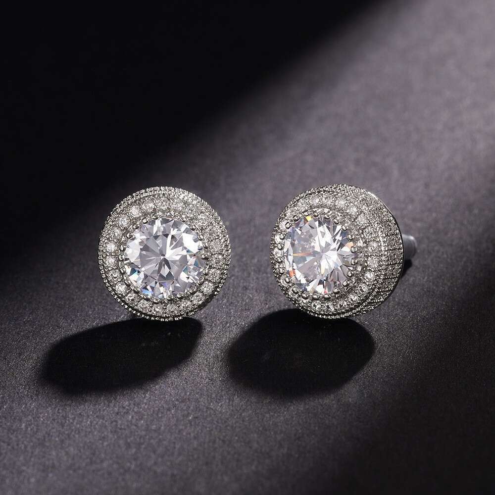 Wholesale 18K Hot-Selling Full Diamond Hip-Hop Men's Micro-Inlaid Moissanite Electroplated Round Square Domineering Street Style Personality Ea