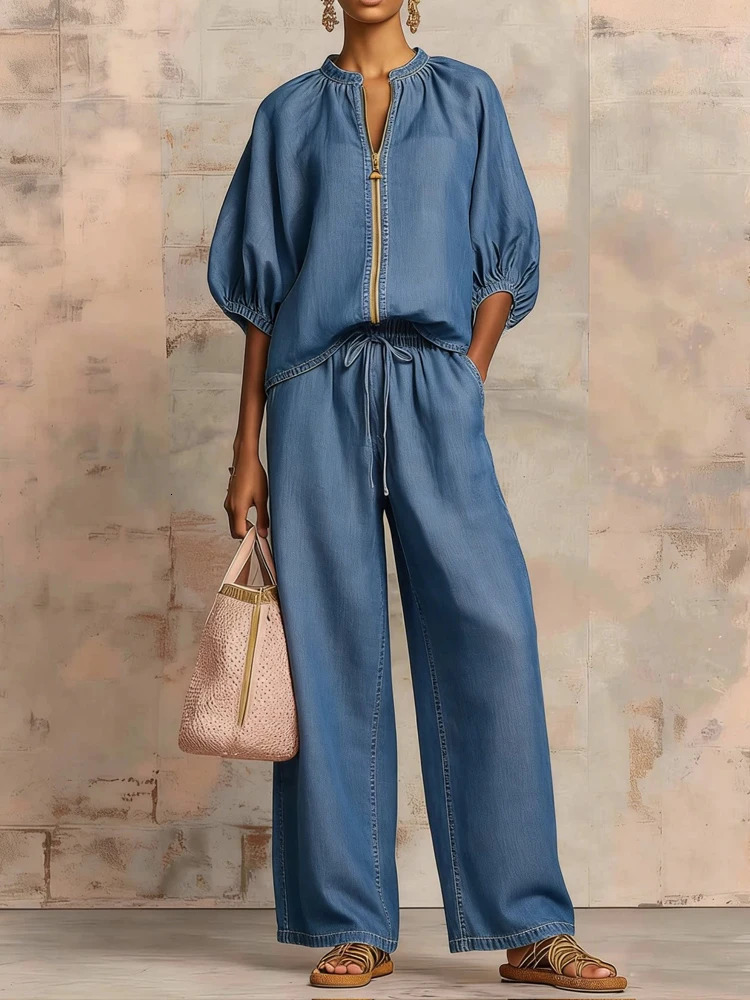 Fashion Simple Solid Wide Leg Pant Outfits Elegant Zip Drawstring Loose Suit Casual Oneck Half Sleeve Shirt with Pants 2Pc Set 260609