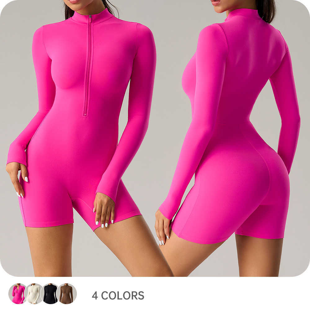 Sleeve Long Zipper Jumpsuit Sexy Hip Lift Fitness Shorts One-piece Sports Yoga Suit for Women DLT003 L260612