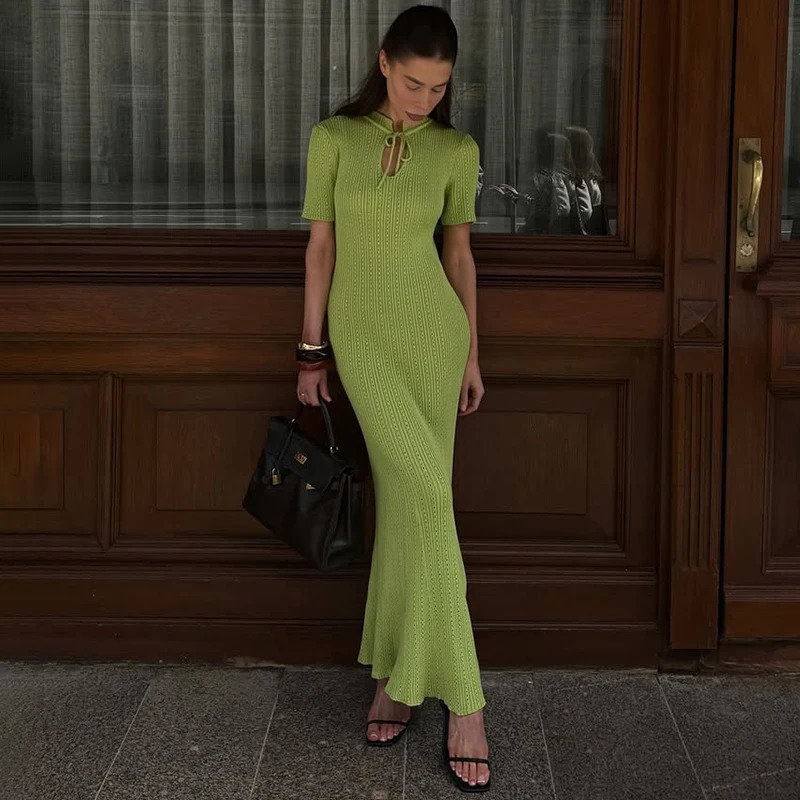 TARUXY Short Sleeve Knitted Long Dress Female Slim Hollow Retro Elegant Sweater Dress Summer High Waist Womens Dress 260612