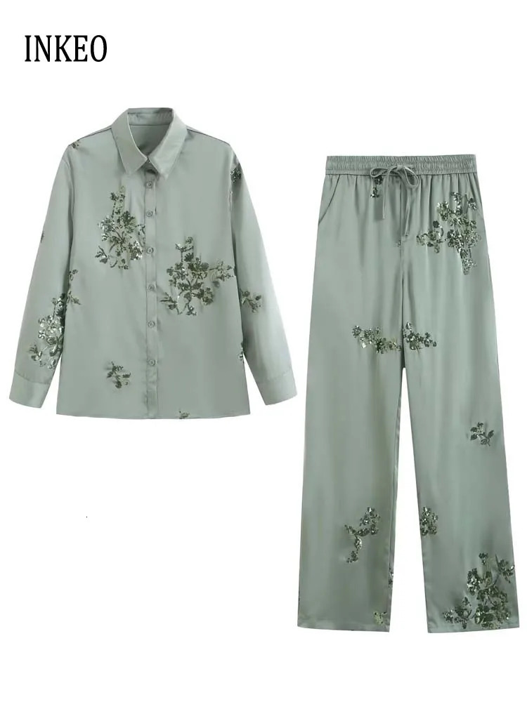 y Womens Sequined satin shirt Long sleeve blouse And Elastic waist long pants 2025 Spring summer Suit Green INEKO 4T005 260609