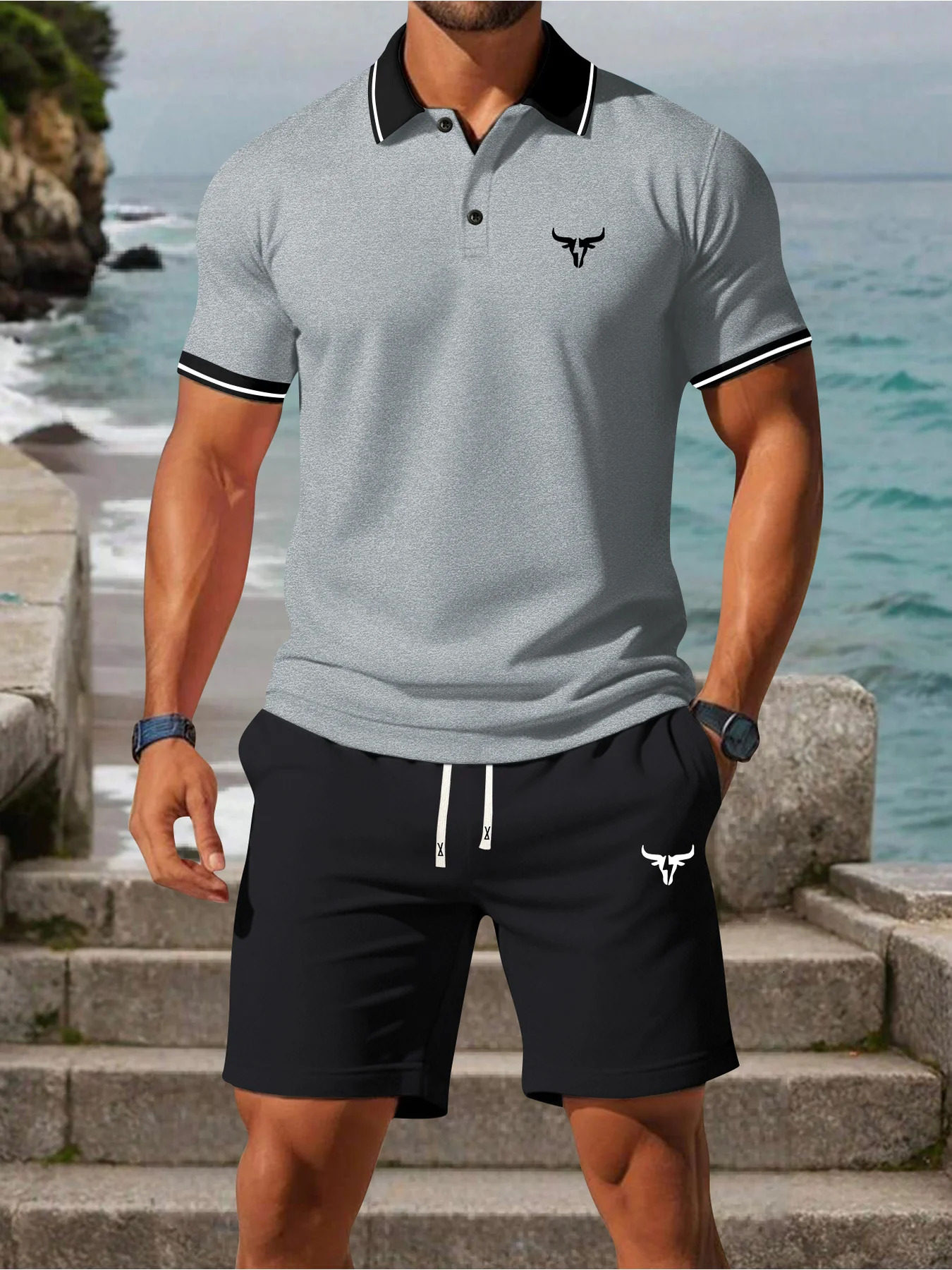 2026 Summer Mens Set SolidColor Mesh ShortSleeve Collared Shirt BullPrint Polo Drawstring Shorts