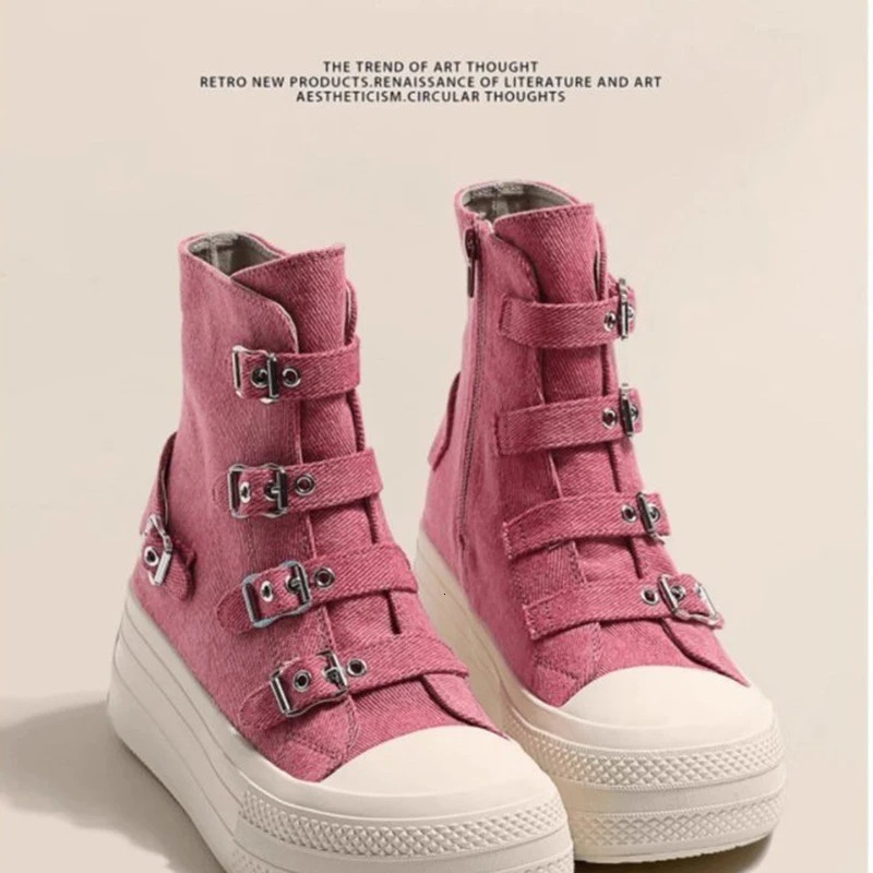 2024 Spring and Autumn Thick soled Short tube Canvas Boots French Casual Breathable Buckle Fashion Womens Single Shoes 260605