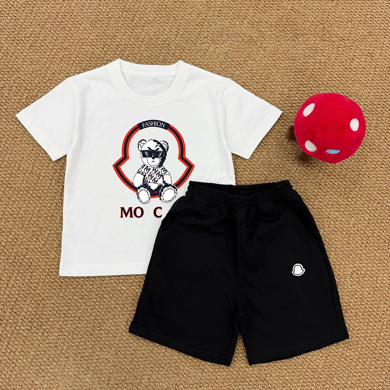 Casual Cotton Blend 2 Piece Designer Kids Clothing Kids Bear Print Short Sleeve T-Shirt Shorts Set Outfit Summer Loose Sportswear For Boys Girls