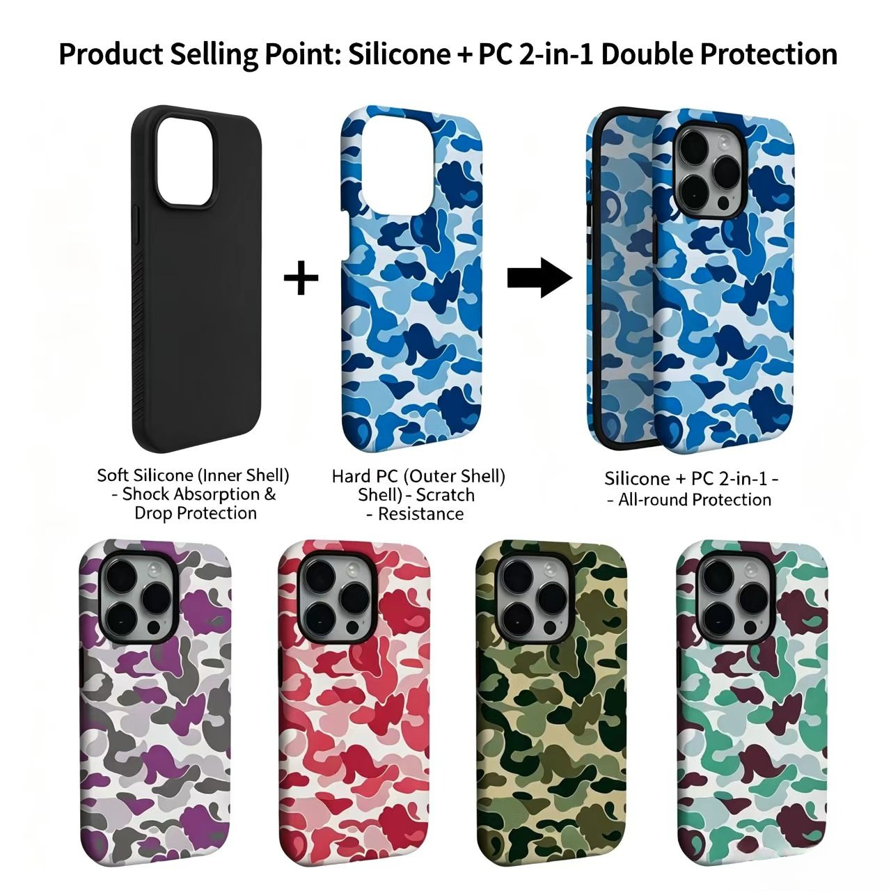 Camouflage 2 in 1 PC+Silicone Dual Layer Shockproof Phone Case For iPhone 17 Pro Max 16 15 14 Pro Max 13 Multi Color Camo Anti Drop Protective Cell
