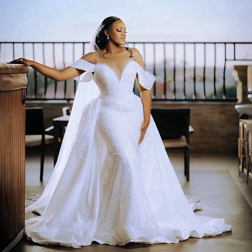 2026 Sexy Sparkly Mermaid Wedding Dresses Off Shoulder Illusion Sequined Lace Appliques Crystal Beads Pearls Sweep Train Overskirts Bridal Gowns Plu
