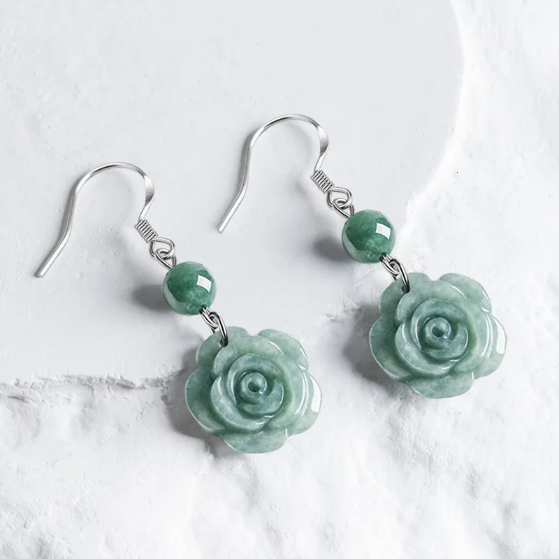 Green Myanmar Jadeite Rose Earrings Flower Carved Gemstone Vintage Gifts for Women 925 Silver Emerald Natural Burmese Jade 260612