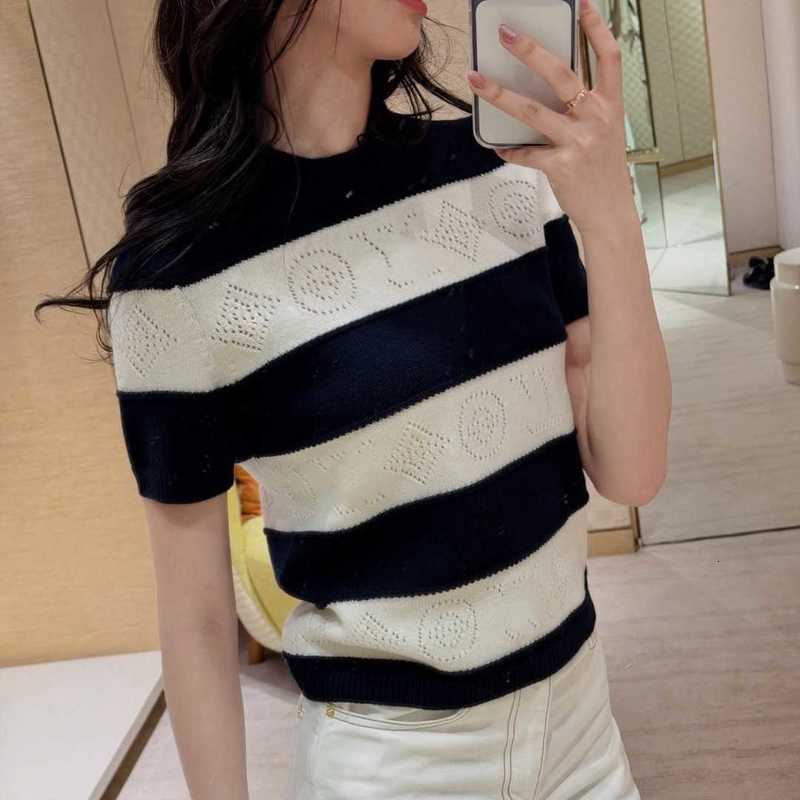Designer Women's Knits & Tees Lujia 26 Hollow Embroidery Color-Block Striped Knit Short Sleeve Navy Blue with White Geometric Pattern Wool Swea