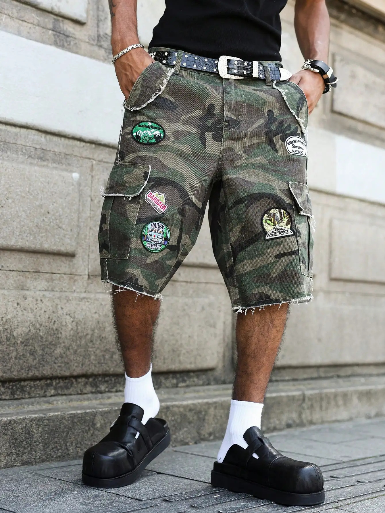 Mens summer denim shorts Camouflage colored workwear patch Street fashion retro hip hop casual style 260612