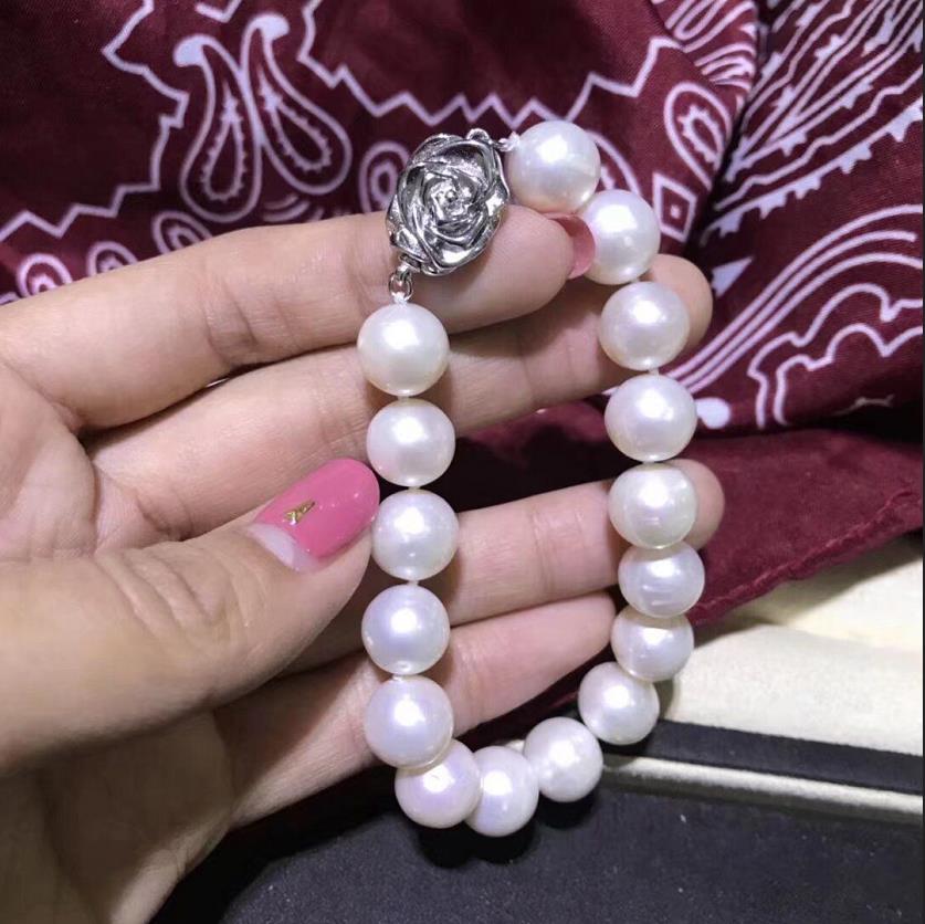 Natural Freshwater White 10-11mm Pearl Bracelet 7.5-8-inch 925 Silver Rose Buckle