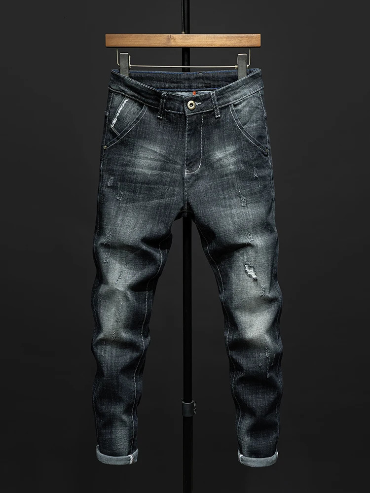 Fashion Ripped Mens Slim Straight Stretch Jeans Korean Personality Streetwear Denim Pants Classic Black Hip Hop Male Trousers 260612BANJIA