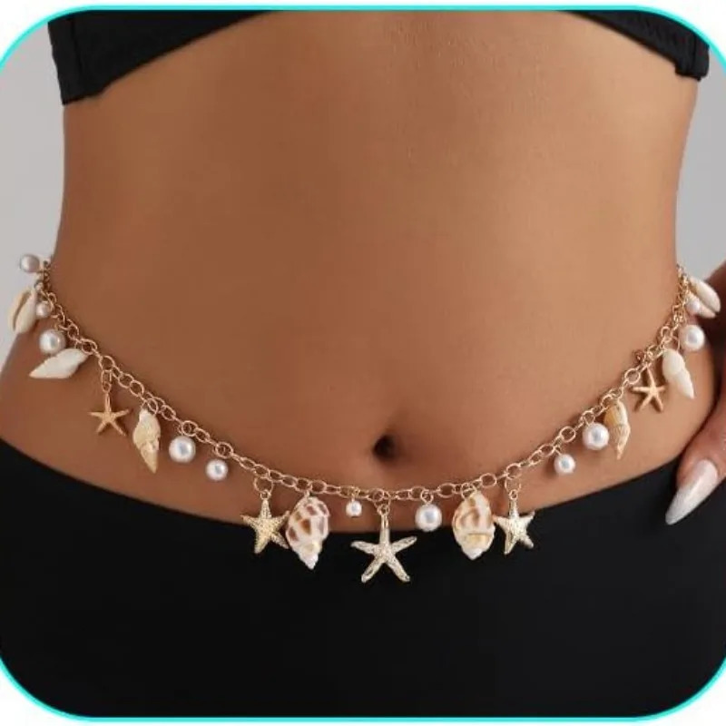 Seashell Starfish Chains Waist for Women Boho Conch Body Chains Pearl Starfish Chains Waist Summer Beach Body Jewelry 260612