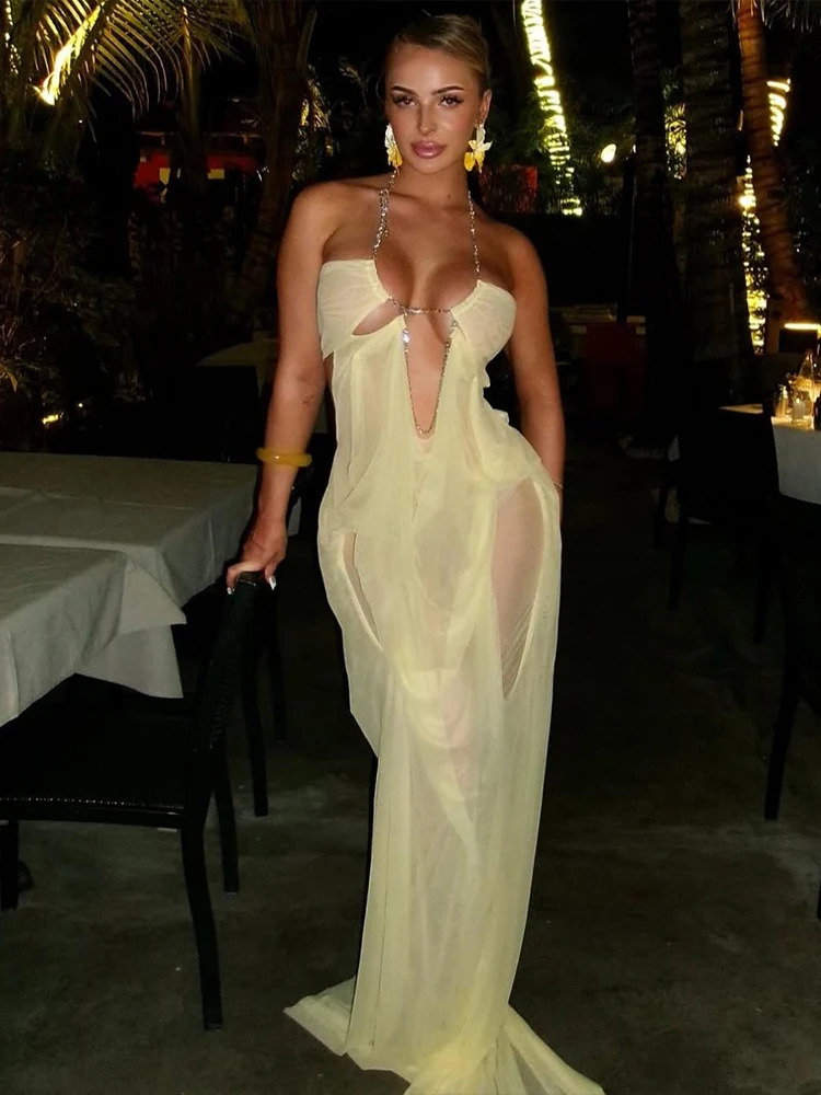 Kliou Ruched Elegant Gown Dress Woman Mesh Patchwork y Chain Halter Backless Sleeveless Evening Prom Party Hipster Vestidos 260613