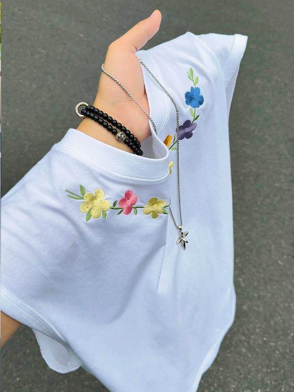 Chinese style flower retro embroidery pure cotton vest men's summer round neck sleeveless T-shirt loose sports vest t