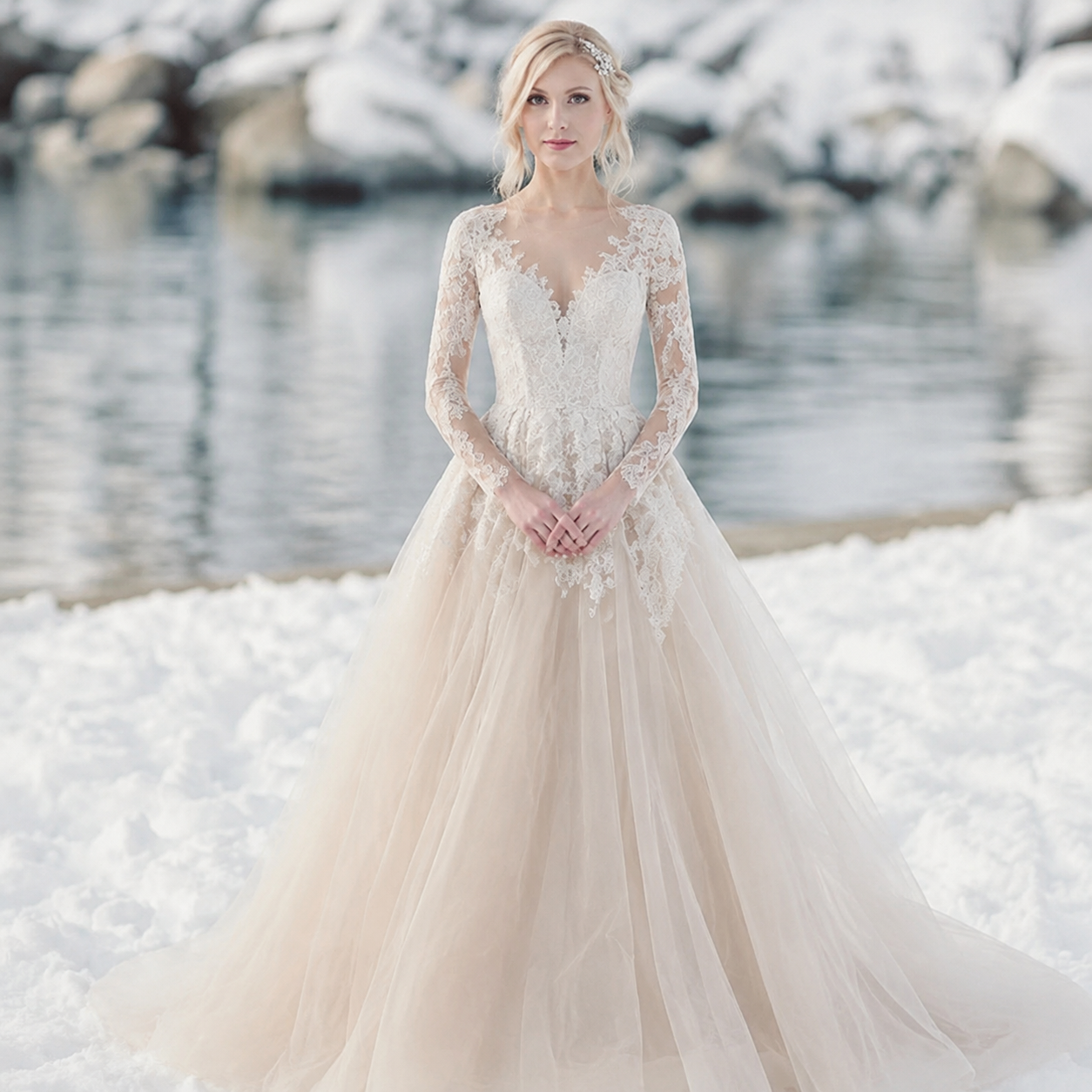 Champagne Nude Long Sleeve Lace Wedding Dresses Backless Illusion V Neck Sheer Floral Lace A Line Tulle Bridal Gown Winter Outdoor Beach Bride Dress