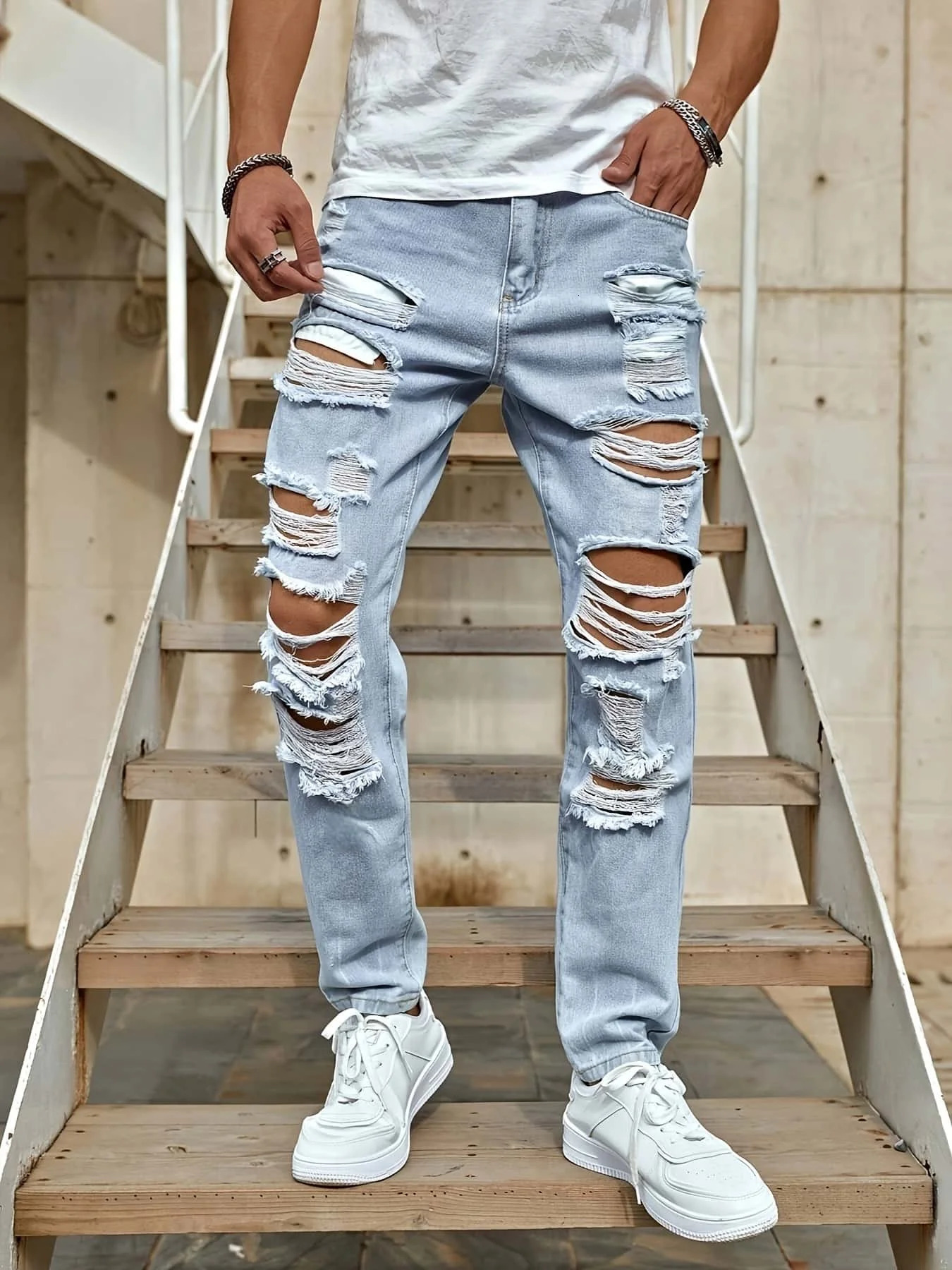 Mens Ripped NonStretch Jeans Distressed Streetwear Loose Fit Denim Hiphop Style Regular Length AllSeason Comfort 260612BANJIA