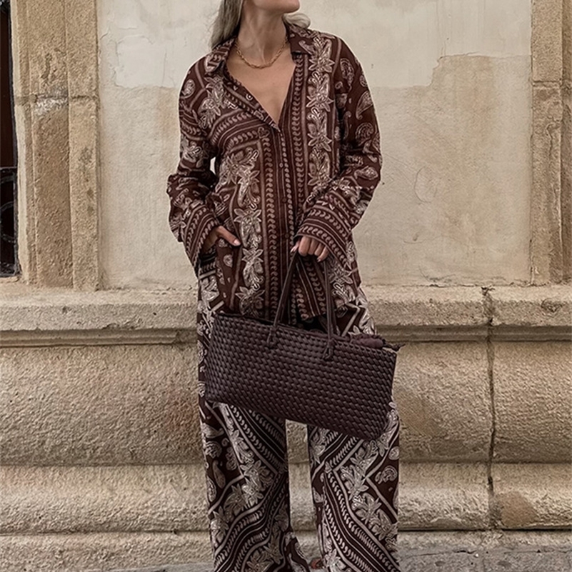 Vintage Print Shirt Pants Set 2 Pieces Women Lapel Single Breasted Blouses Wide-Leg Pant Spring Lady Vacation Beach Suit 260612