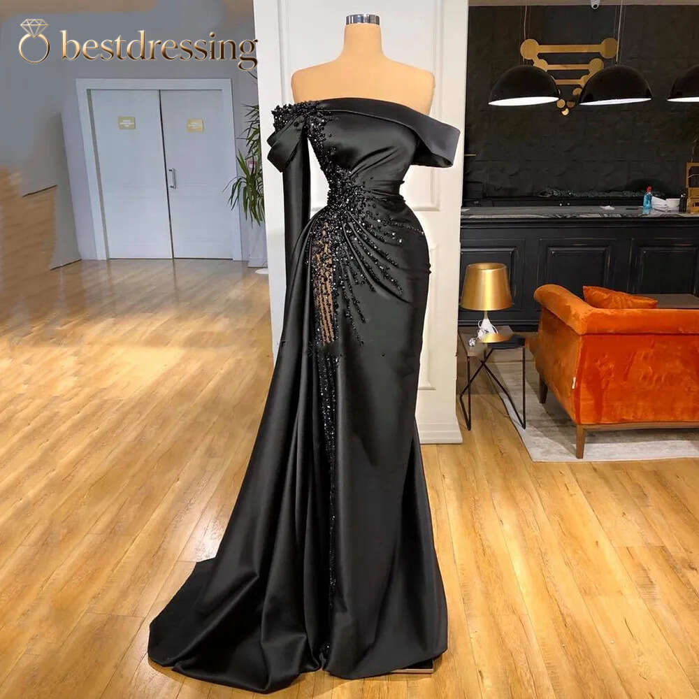 Elegant Satin Black Prom Birthday Dress 2023 One Shoulder Pleat Beading Women Pageant Evening Gown Arabic Dubai Robe De Soiree Bd613
