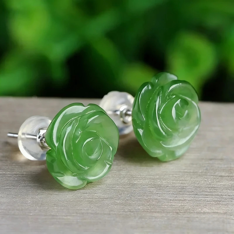 Green Natural Jade Rose Earrings Ear Studs Vintage Gemstone Jewelry Talismans Energy Amulet y Gifts for Women Girl 260612